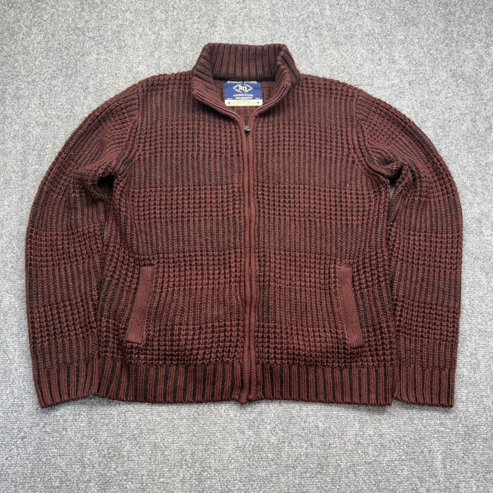 Amongst Others Mens Full Zip Cardigan Sweater Burgundy Black Waffle Knit Size M